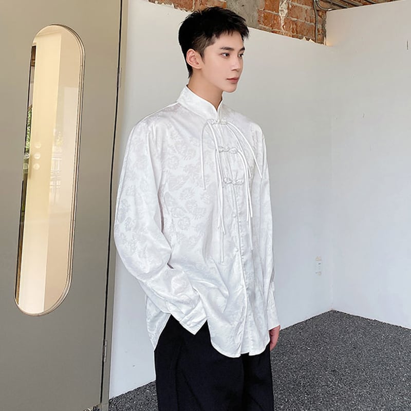 [Illustrated Series] ★China Style Shirt★ 2color Tops Long Sleeve Shirt Unisex Men's China Button Fringe Black White