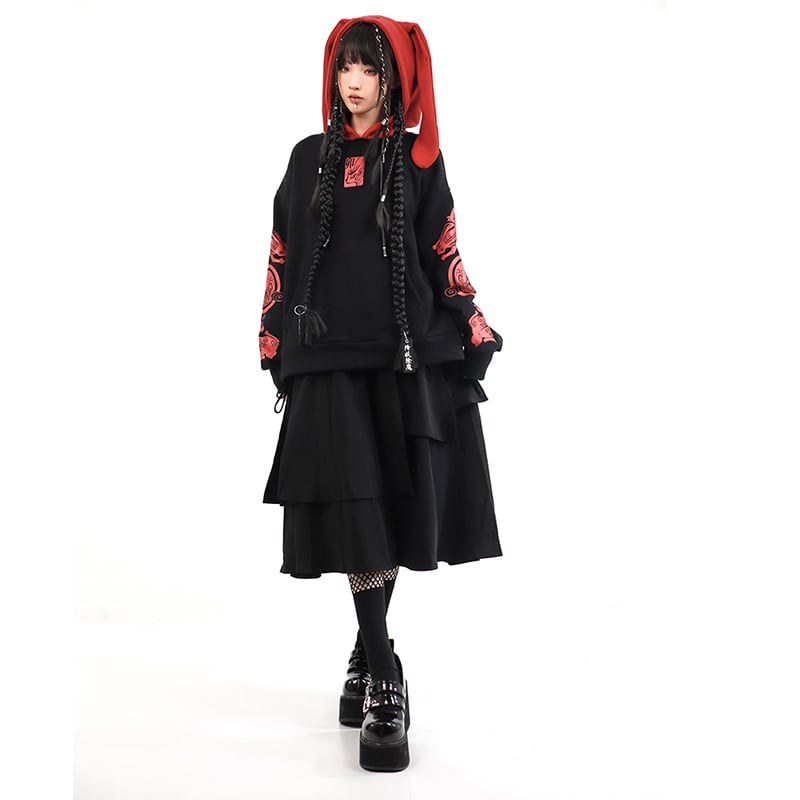 [Ancient Monster --- Rabbit Series] ★China style hoodie★ 2color Regular type or brushed lining type Tops Cute Original Black Red Rabbit ears