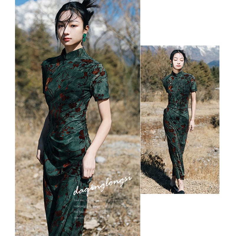 [Da Qinglong Shu Series]★China style dress★ Improved Chinese dress Sexy Velvet Long Length Original Photography Green Green Summer