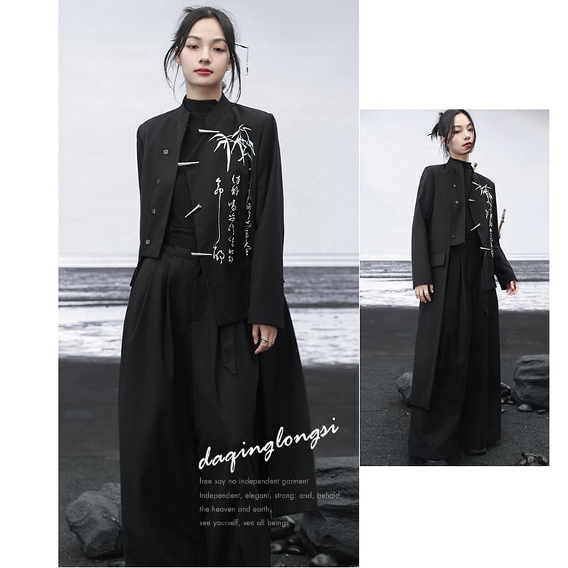 [Big Blue Dragon Series] ★China style outerwear★ Long length Kanji pattern embroidery irregular bamboo black black original