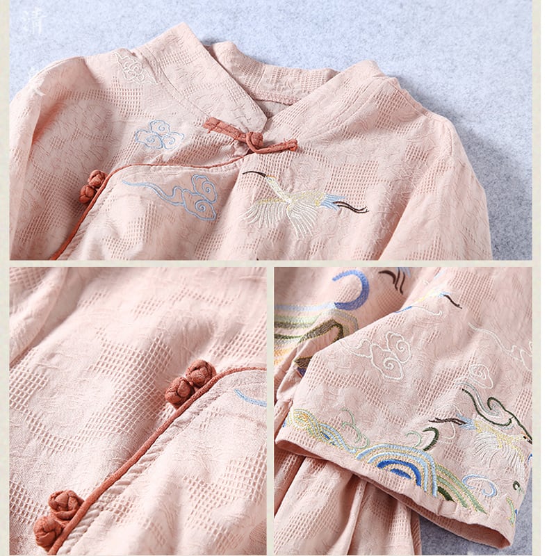 [Qing Series]★Chinese style dress★ 4 colors embroidery cotton linen white yellow blue pink literary style