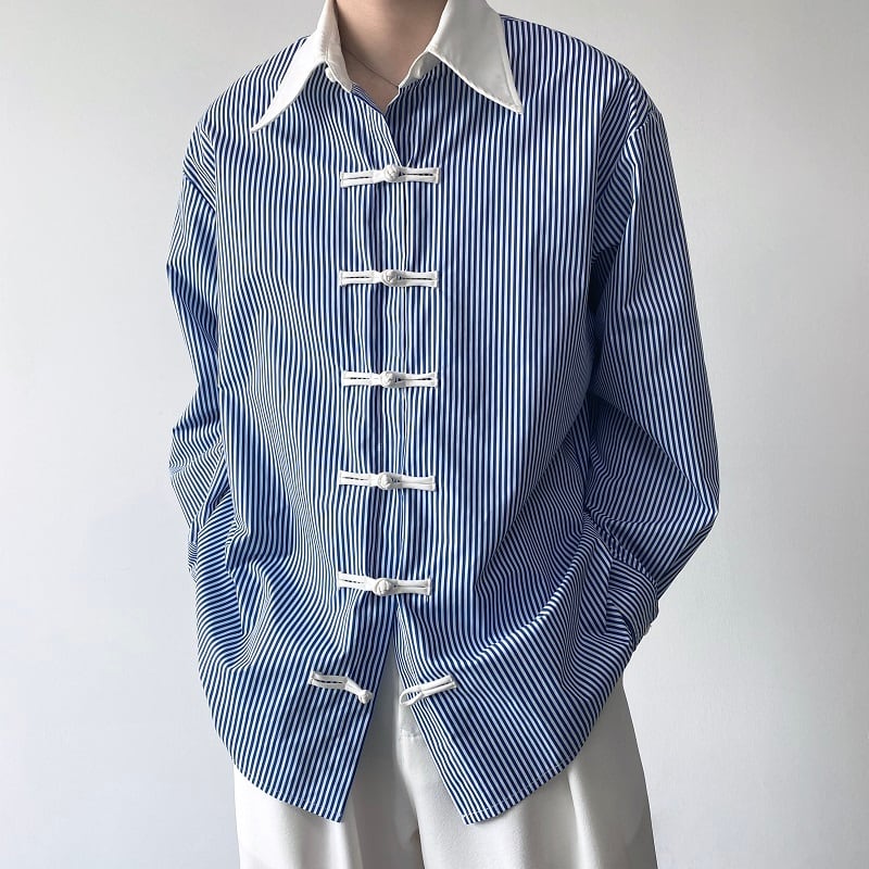 [Orange Family Series]★Chinese Style Shirt★ Chinese Clothes Tops Unisex Men's Vertical Stripes Color Scheme Blue Blue ML XL