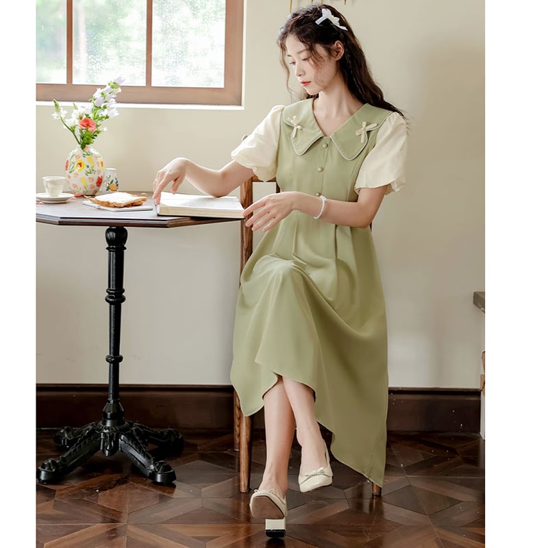 [White Moonlight Series]★China style dress★ 2color short sleeve dress summer clothes fake layered ribbon