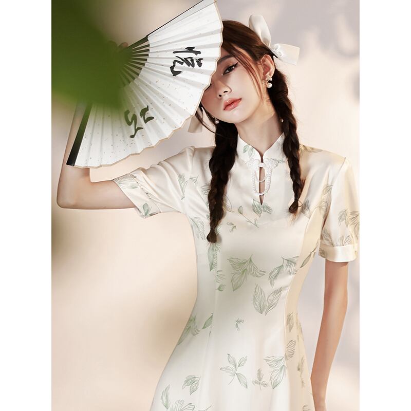 [YUEQIAO series]★Cheongsam dress★ 2color short length Chinese style dress Beige Green