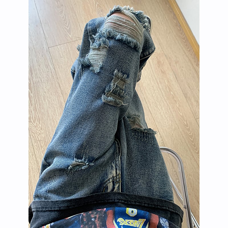 [BIGEMAN Series]★Denim pants★Bottoms Pants Unisex Men's Distressed Stylish Blue Blue