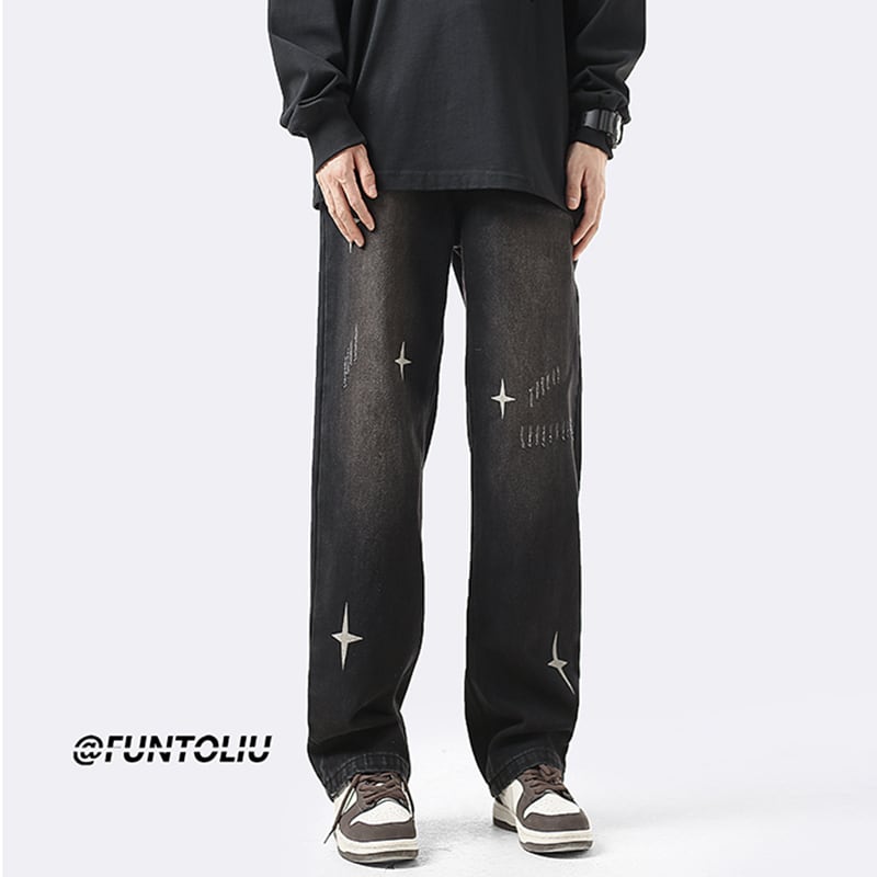 [OULUDE Series]★Denim Pants★ Bottoms Pants Unisex Men's Star Pattern Gray Black ML XL 2XL 3XL