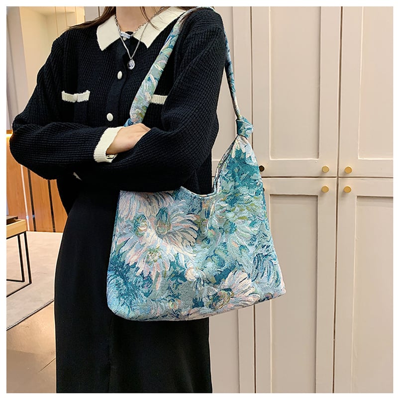 [Ako series] ★Oil painting style bag★ 3color tote bag Floral pattern Blue Green Black Easy to match