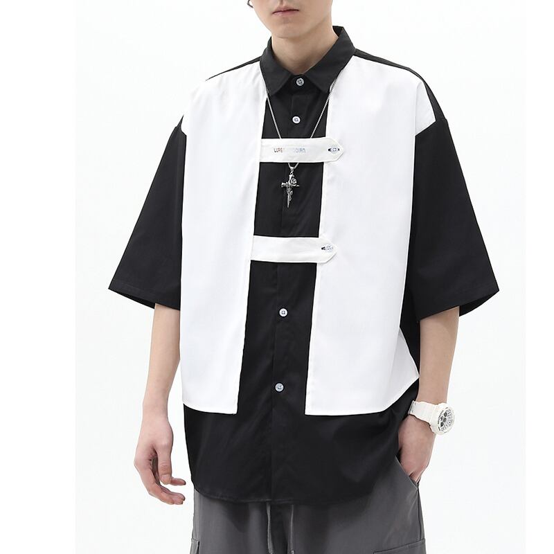 [51XIHA Series]★T-shirt★ Tops 2color Unisex Men's Short Sleeve Faux Layered Fashion Black Black