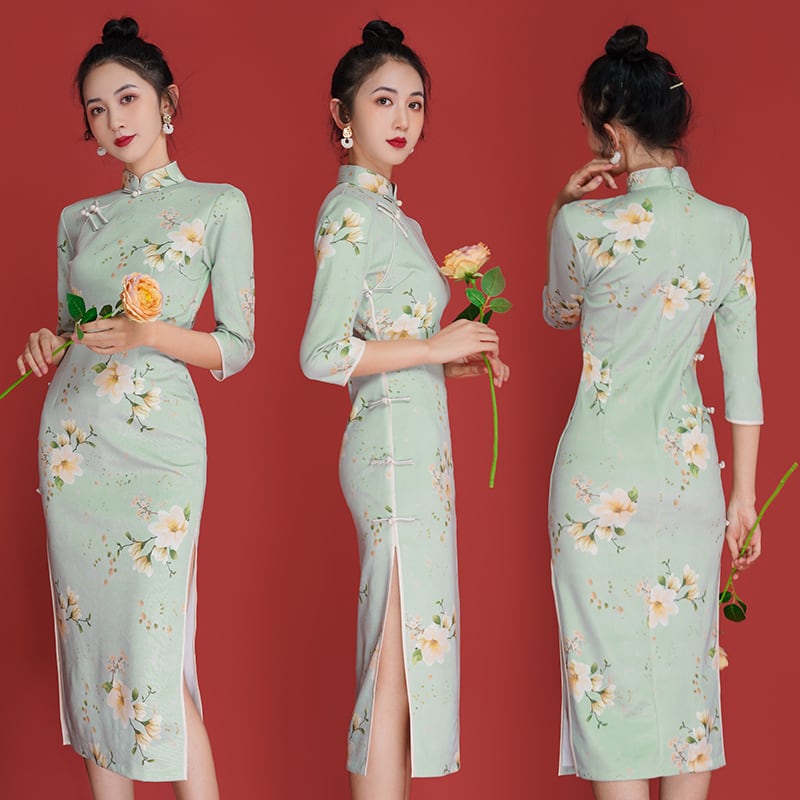 [Agoya Yui Series]★Cheongsam dress★ Floral pattern dress Green Fresh literary style Long length