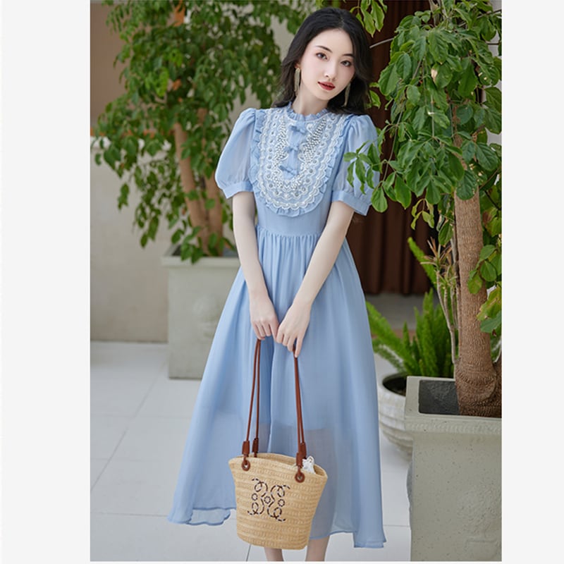 【華莎の城シリーズ】★ワンピース★ ドレス スウィート 可愛い 通勤 結婚式 デート 夏服 ブルー 青い