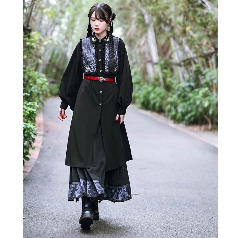 [Old Monster --- Rabbit Series] ★China style shirt★ Long shirt embroidery rabbit rabbit black black