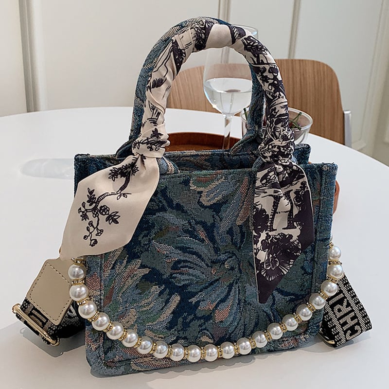 [2060 Series]★Shoulder Bag★ 2color Blue or Green Floral Pattern Retro Oil Painting Style Bag Elegant Party Commuting Date