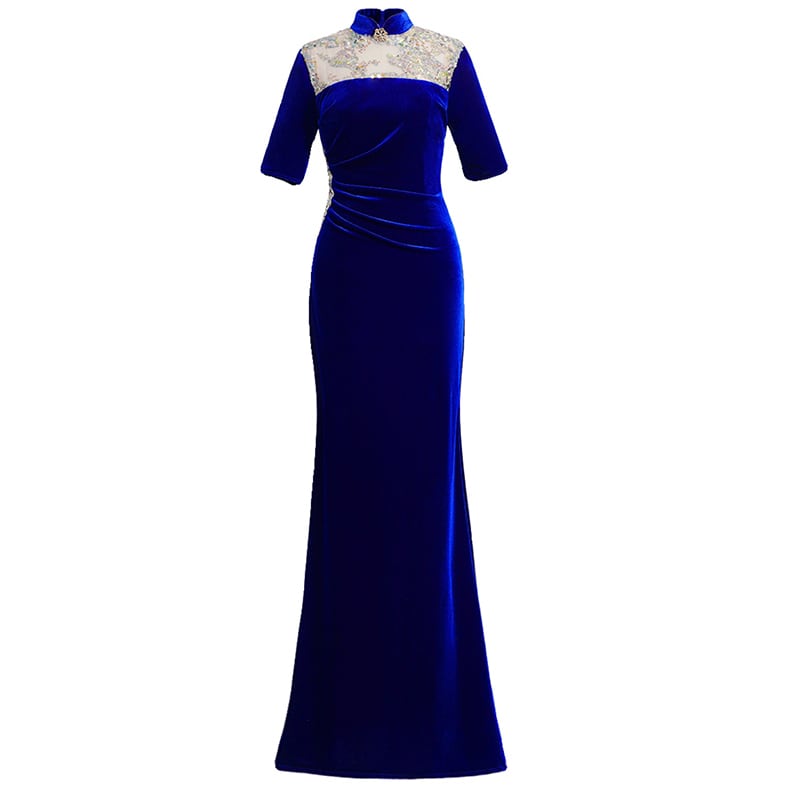 [Encounter dress series] ★Cheongsam dress★ Mermaid line velvet Improves temperament Maxi length Blue Blue Large size