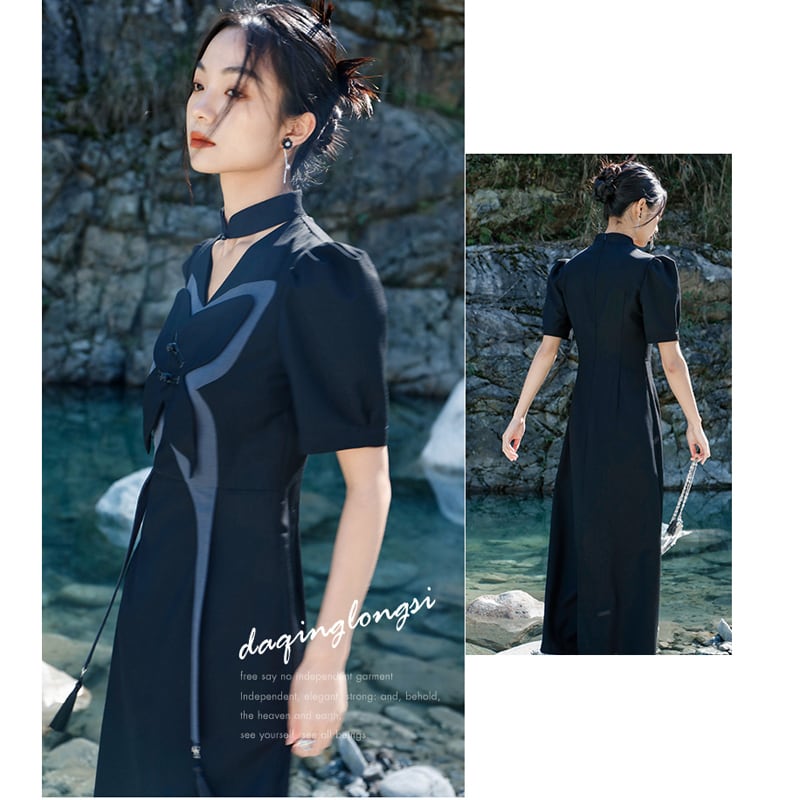 [Big Blue Dragon Series] ★China style dress★ Original butterfly unique design black black long length