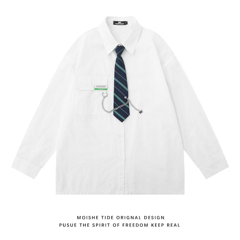 [MOISHE TIDE Series]★Shirt with tie★ 2color tops, long sleeve shirts, easy to match, unisex, men's, white, blue