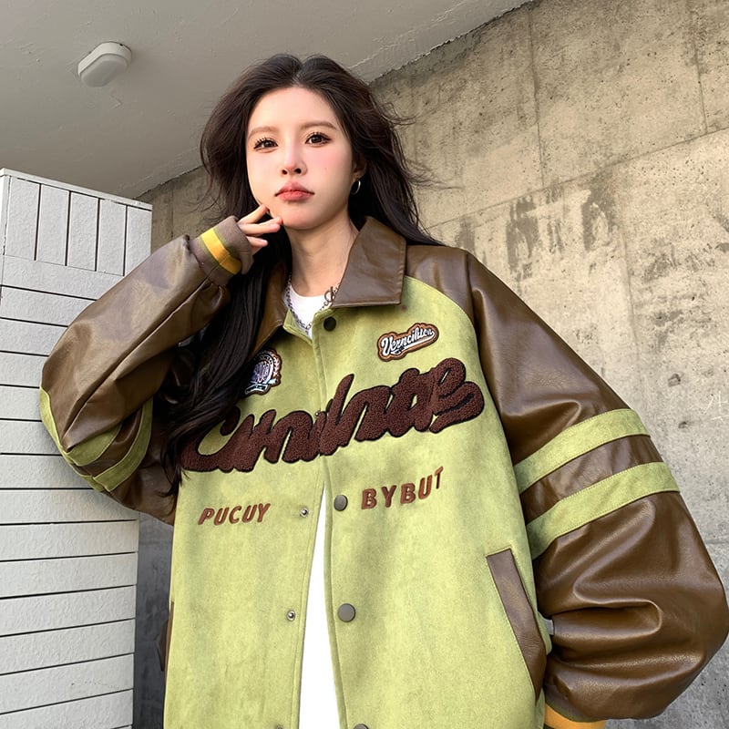 [CHAOLIU Series] ★Stadium Jacket★ 2color Jacket Outerwear Unisex Men's PU Switching Apricot Green