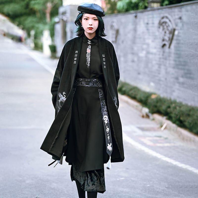 [Kokaisha---Hoshiyado Series] ★China style coat★ Rasha coat long coat embroidery original black black