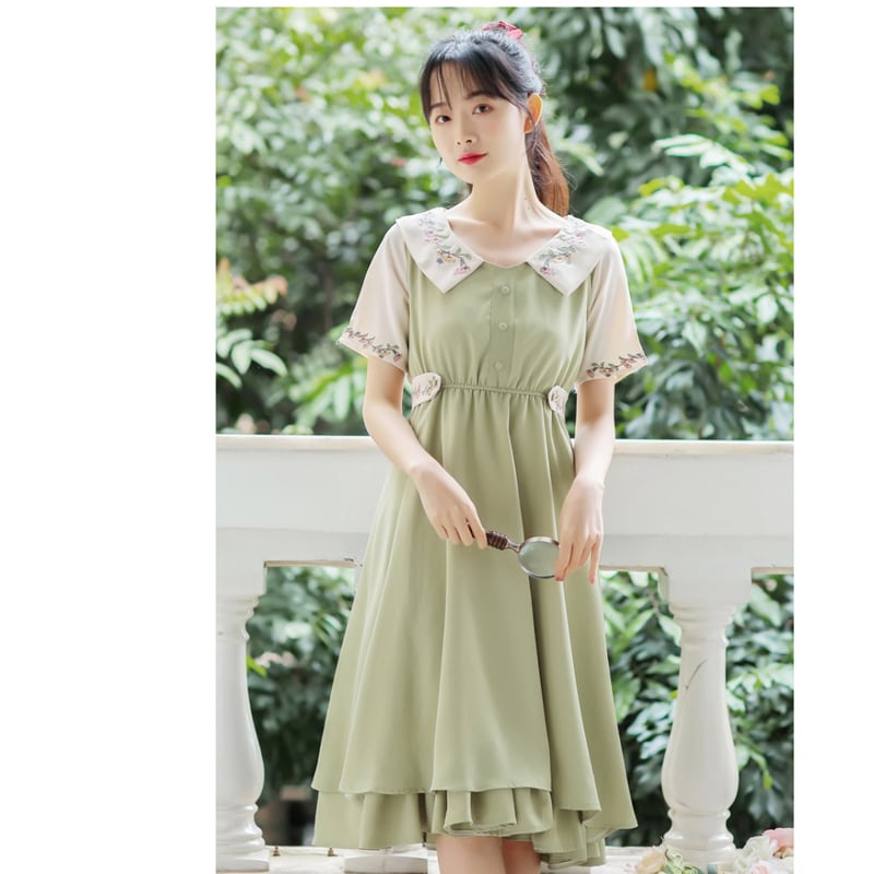 [Poetry Series] ★Chinese-style dress★ 2 colors Dress Embroidery Green Blue SML XL Improve your temperament Cute