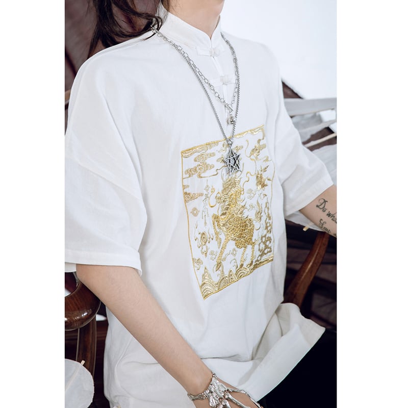 [Kyodo Series]★China style shirt★ 2color black or white original embroidery cotton linen SML XL unisex men's couple clothes