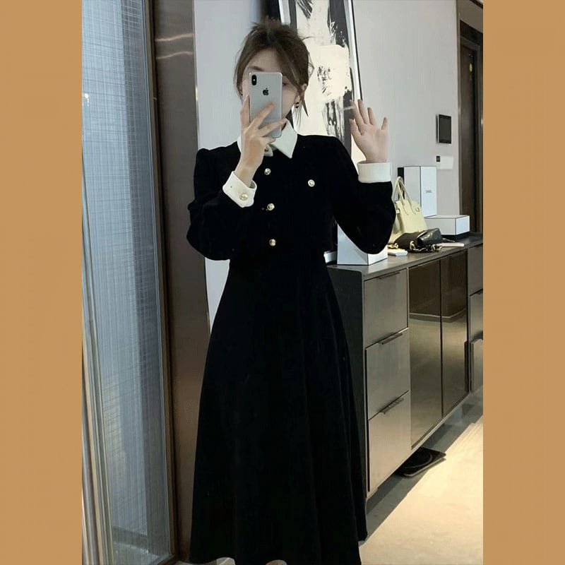 [ZHENMANZI Series] ★One Piece★ Faux layered long sleeve thick women's fashionable slimming appearance enhances your temperament Black Black