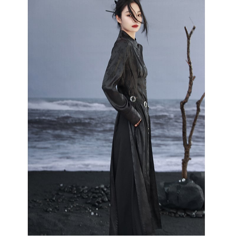 [Big Blue Dragon Series]★China style shirt★Long length shirt slit original black black slimming fashionable