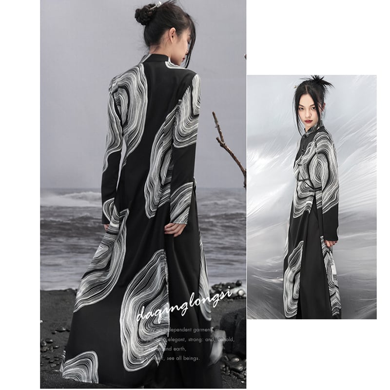 [Da Qinglong Shu Series] ★China-style dress★ Improved cheongsam dress, long sleeves, slits, print, long length, original, slimming