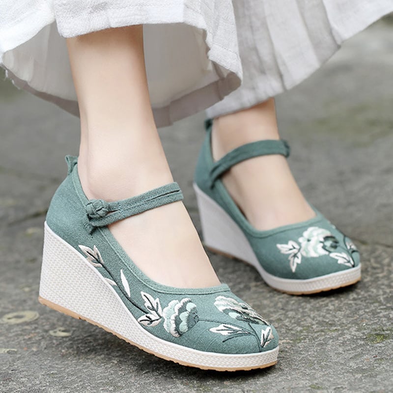 [JINGCHENG series] ★China style shoes★ Shoes 3color embroidery High heels 6.5cm Size 35-40 Tang clothing, cotton linen