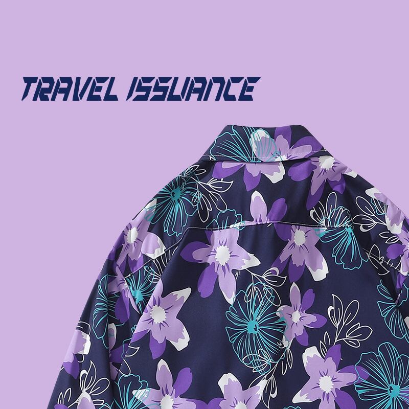 【TRAVEL ISSUANCEシリーズ】★レトロ シャツ★ 油絵風シャツ 花柄 ストリート 原宿風 男女兼用 メンズ 紫 ゆったり