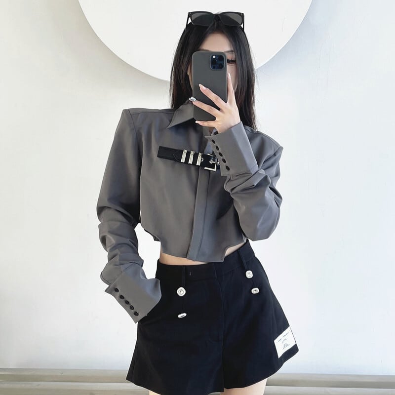 [Style Series]★Shirt★ Tops Short Length Long Sleeve Gray Gray Women's Unique Slimming Fashionable SM