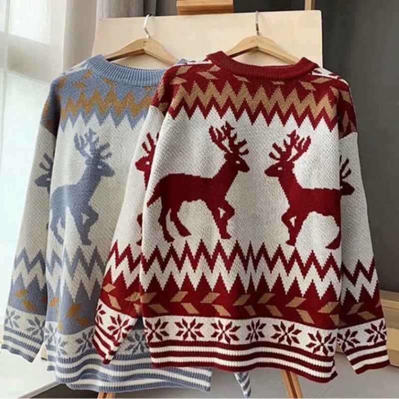 [LUSEN Series]★Sweater★ 2color Knit Tops Christmas New Year Deer Unisex Men's Red Blue