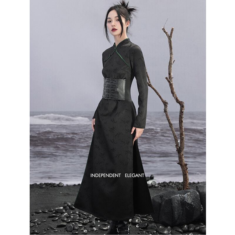 [Da Qinglong Shu Series]★Chinese style dress★ Improved Chinese dress, long sleeves, switching, long length, original, improves temperament, Chinese clothes, black