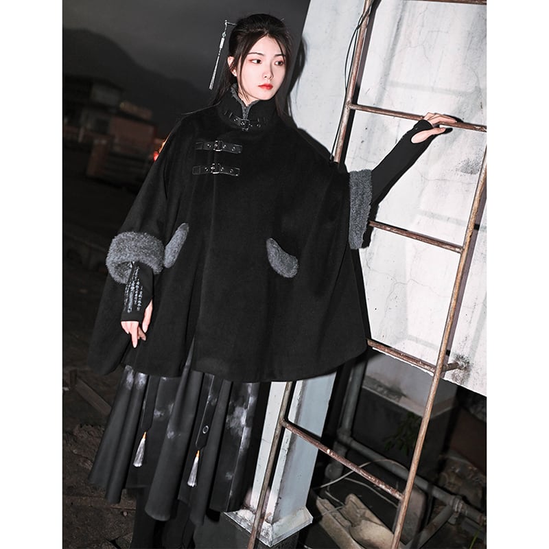 [Ancient monster house---Shanhai Jing Kunlun series] ★China style coat★ Outer coat Lasha loose thick warm black black cloak coat