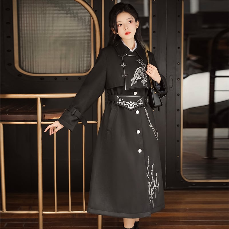 [Hanru First---Beisheng Series] ★China style coat★ Long outerwear with chain embroidery Black Black SML