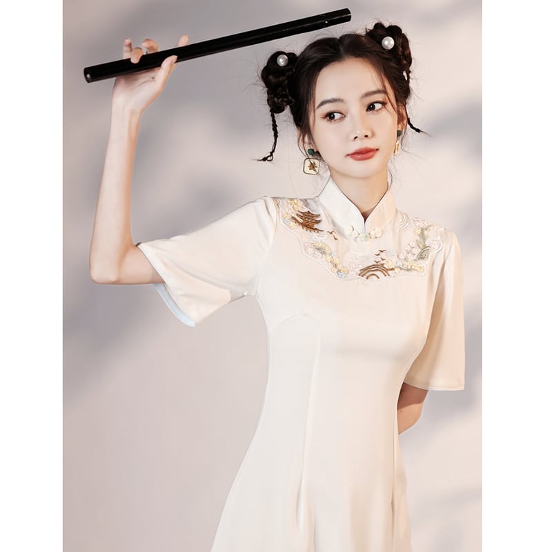 [YUEQIAO series] ★Cheongsam dress★ Short length embroidery Chinese style dress Chinese clothes White White