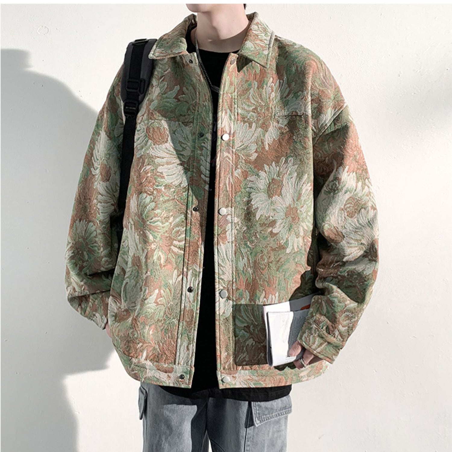 [KADISHOU Series] ★Jacket★ Outerwear 2color Oil Painting Style Floral Pattern Unisex Men's Large Size Blue Green