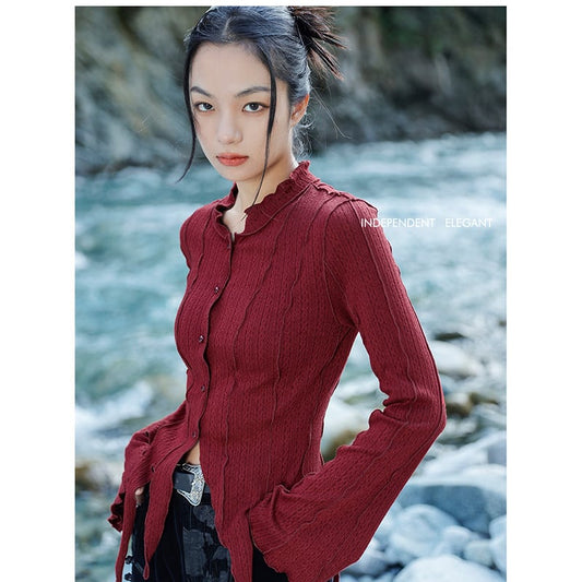 [Big Blue Dragon Series] ★China style tops★ Shirt, irregular, slimming, easy to match, wine red, red