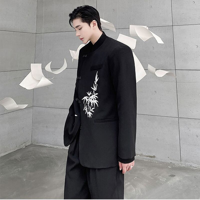 [Illustrated series] ★China style blazer★ Outerwear bamboo unisex men's black black ML XL print