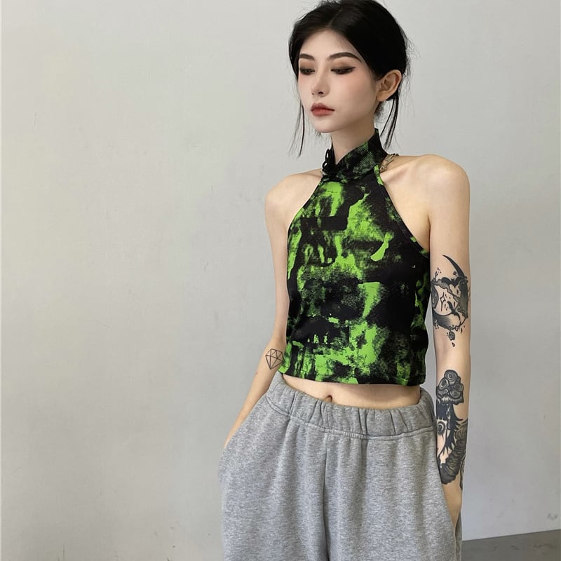 [Style Series] ★China style tops★ Camisole Tank Top Tie-dyed Easy to match Slimming Green Green