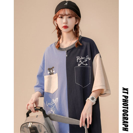 【藤伊曼シリーズ】★Tシャツ★ 2color トップス 半袖Tシャツ 男女兼用 メンズ 配色 可愛い 夏服 M L XL 2XL