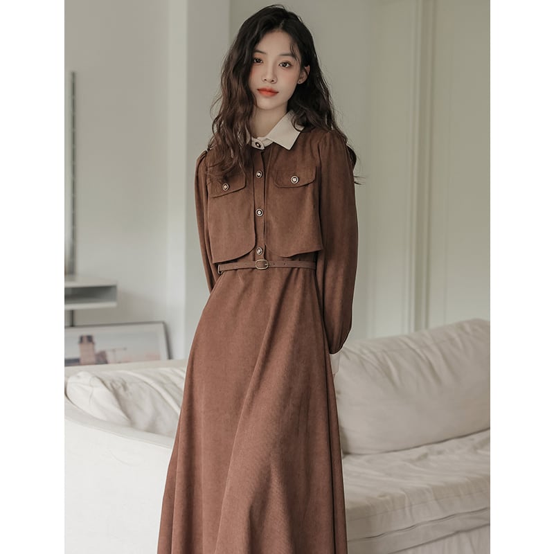 [Encounter series] ★Dress★ 2color with belt corduroy temperament improvement date easy to match