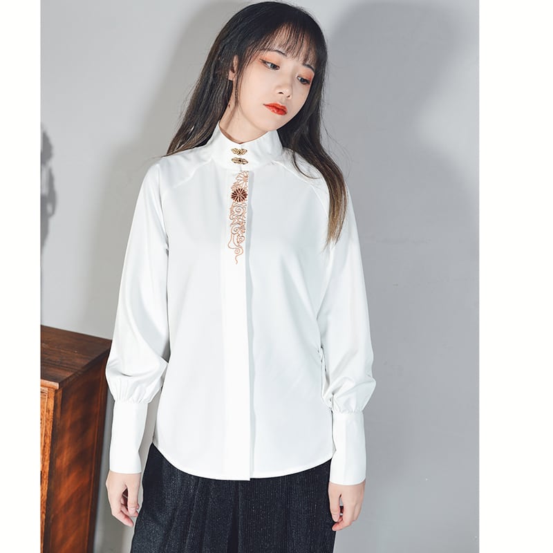 [Kokaisha Series] ★Chinese-style shirt★ Tops 2 colors Original Embroidery Stand-up collar White Black