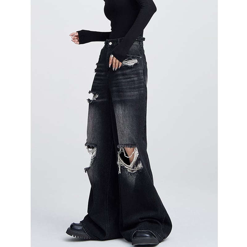 [EDX Series]★Denim Pants★ 2color Bottoms Unisex Men's Black Blue Distressed Easy to Match