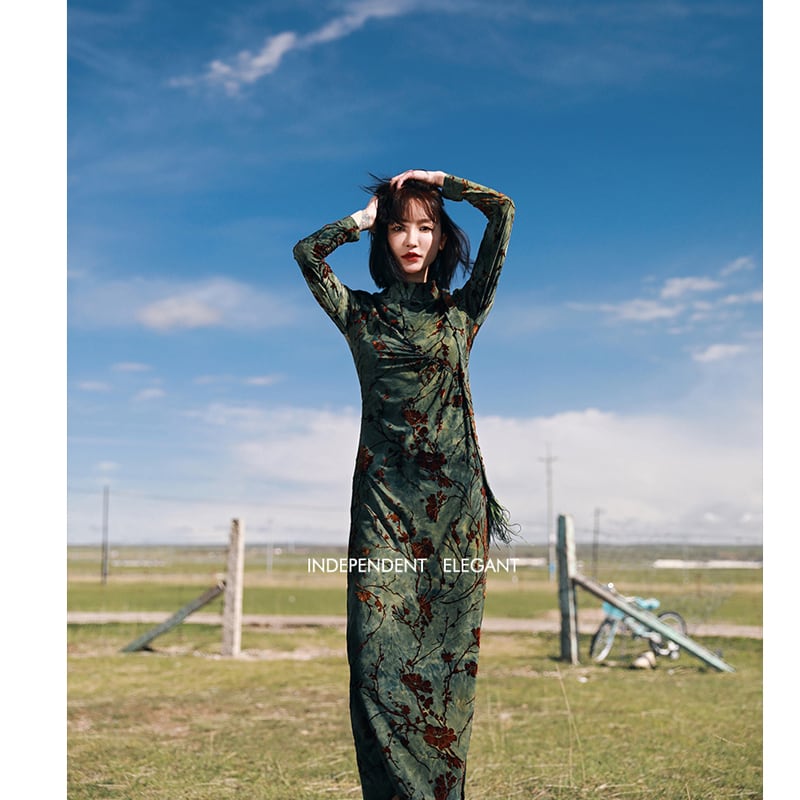 [Da Qinglong Shu Series] ★China style dress★ 2 colors Green or blue Velvet High neck Slim Slimming Feminine