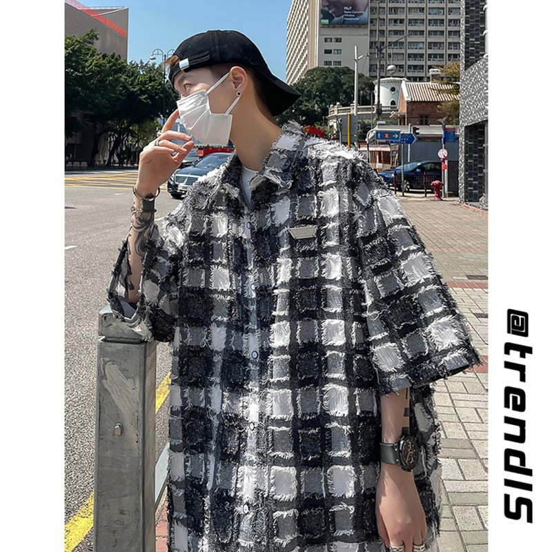 [BIGEMAN Series]★Shirt★ Tops 2color Unisex Men's Large Size Plaid Pattern Black Blue