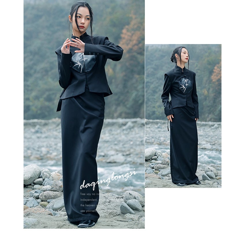 [Big Blue Dragon Series] ★China style outerwear★ Blazer, embroidered bamboo, changeable, slimming, black, black, easy to match