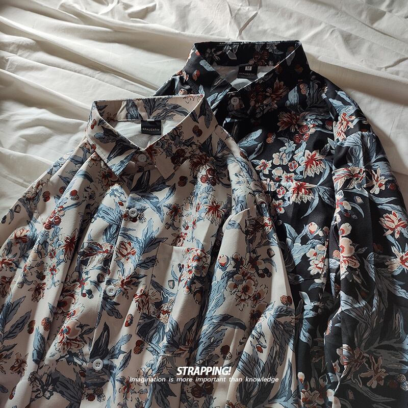 [STRAPPING Series]★Shirt★ 2color Tops Print Unisex Men's Spring Clothes Autumn Clothes Thin Floral Pattern Retro