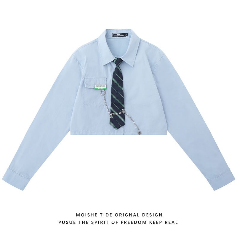 [MOISHE TIDE Series]★Shirt with tie★ 2color tops long sleeve shirt short length white blue cute