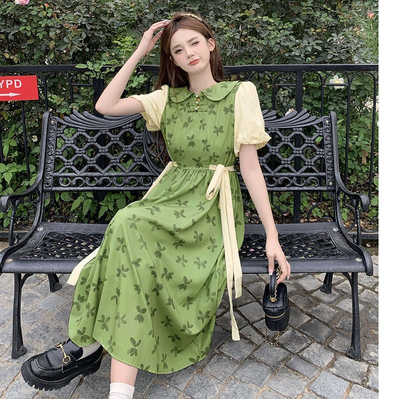 [Dong Xiaojie Series]★China style dress★Floral pattern dress Switchable Cute Large size Green Green