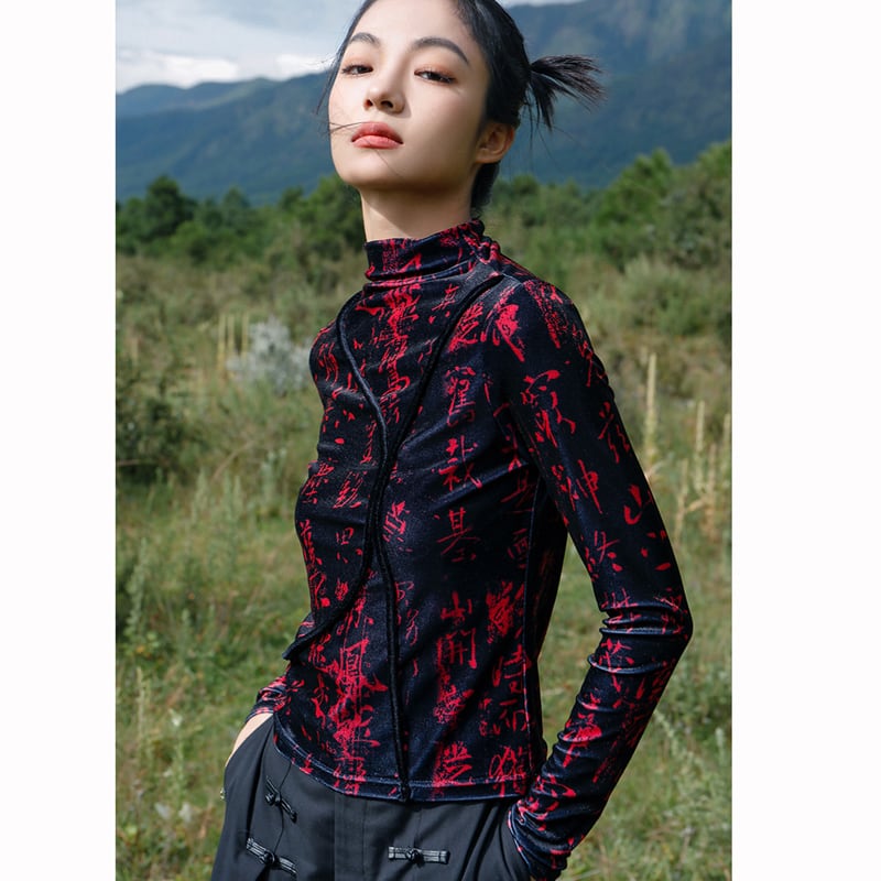 [Big Blue Dragon Series] ★China style tops★ Velvet letter pattern slim slimming black red black red