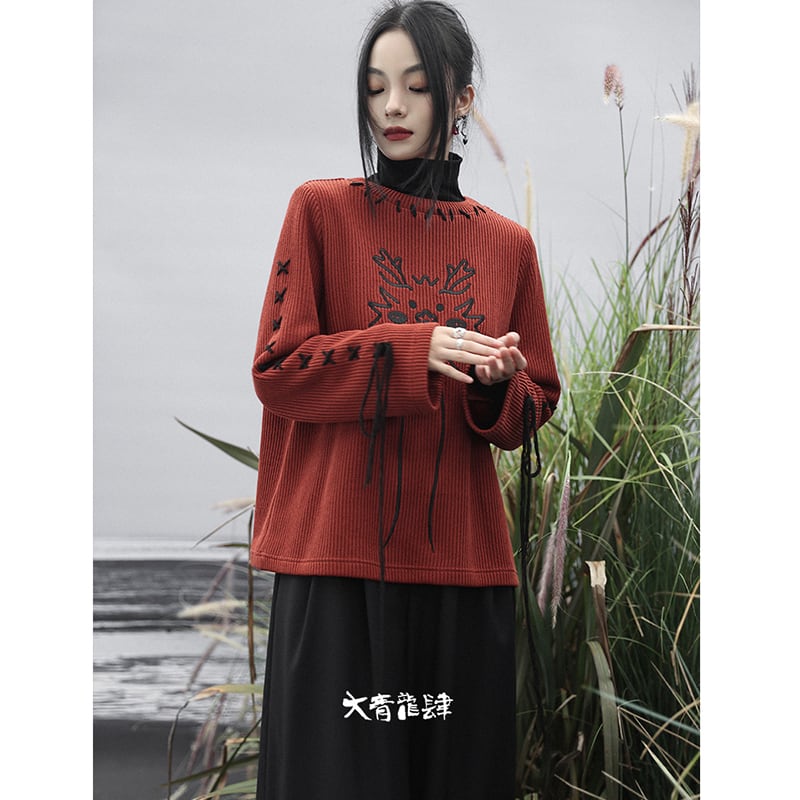 [Big Blue Dragon Series] ★Chinese style sweater★ Knit tops Dragon embroidery Chinese clothes Red Red New Year Christmas